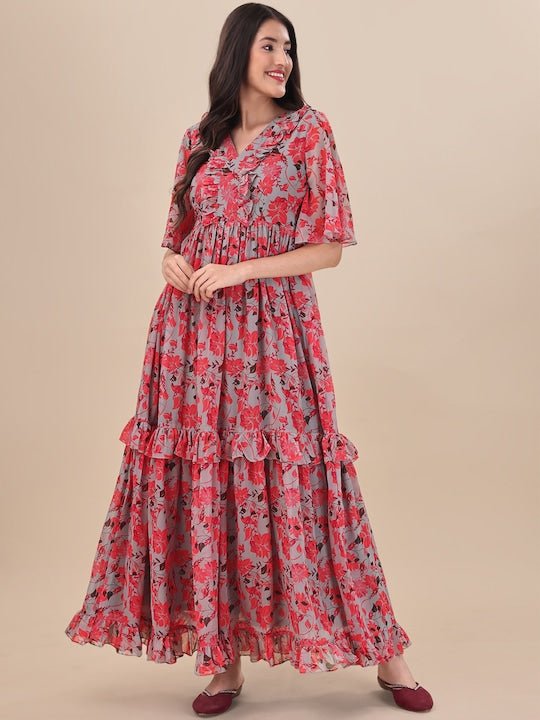 Printed Georgette Maxi Fit And Flare Dress - Inddus.com