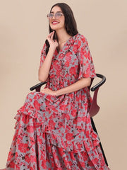 Printed Georgette Maxi Fit And Flare Dress - Inddus.com