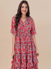 Printed Georgette Maxi Fit And Flare Dress - Inddus.com