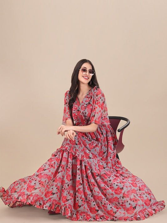 Printed Georgette Maxi Fit And Flare Dress - Inddus.com