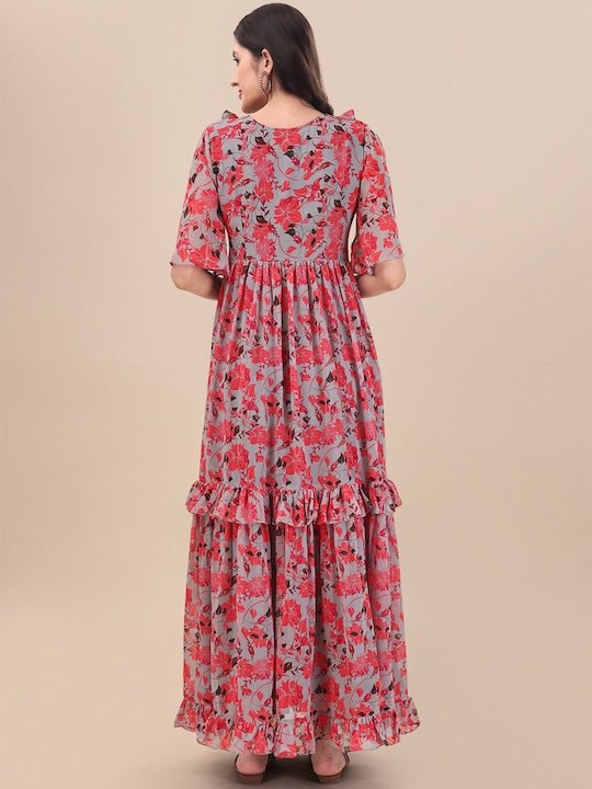 Printed Georgette Maxi Fit And Flare Dress - Inddus.com