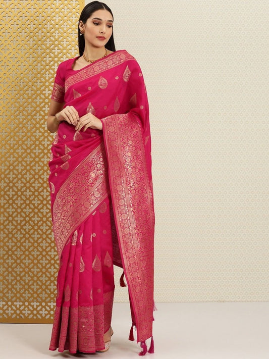 Purple and Gold Ethnic Motifs Zari woven Saree - Inddus.com