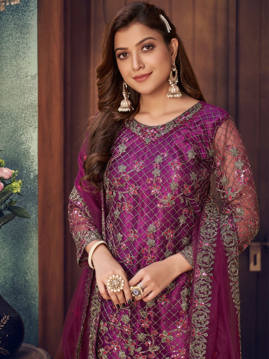 Purple Embroidered Festive Wear Straight Cut Suit - Inddus.com