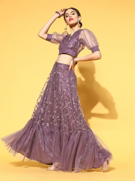 Purple Embroidered Lehenga with Blouse and Dupatta - Inddus.com