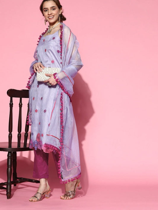 Purple Embroidered Organza Kurta with Pants and Dupatta - Inddus.com