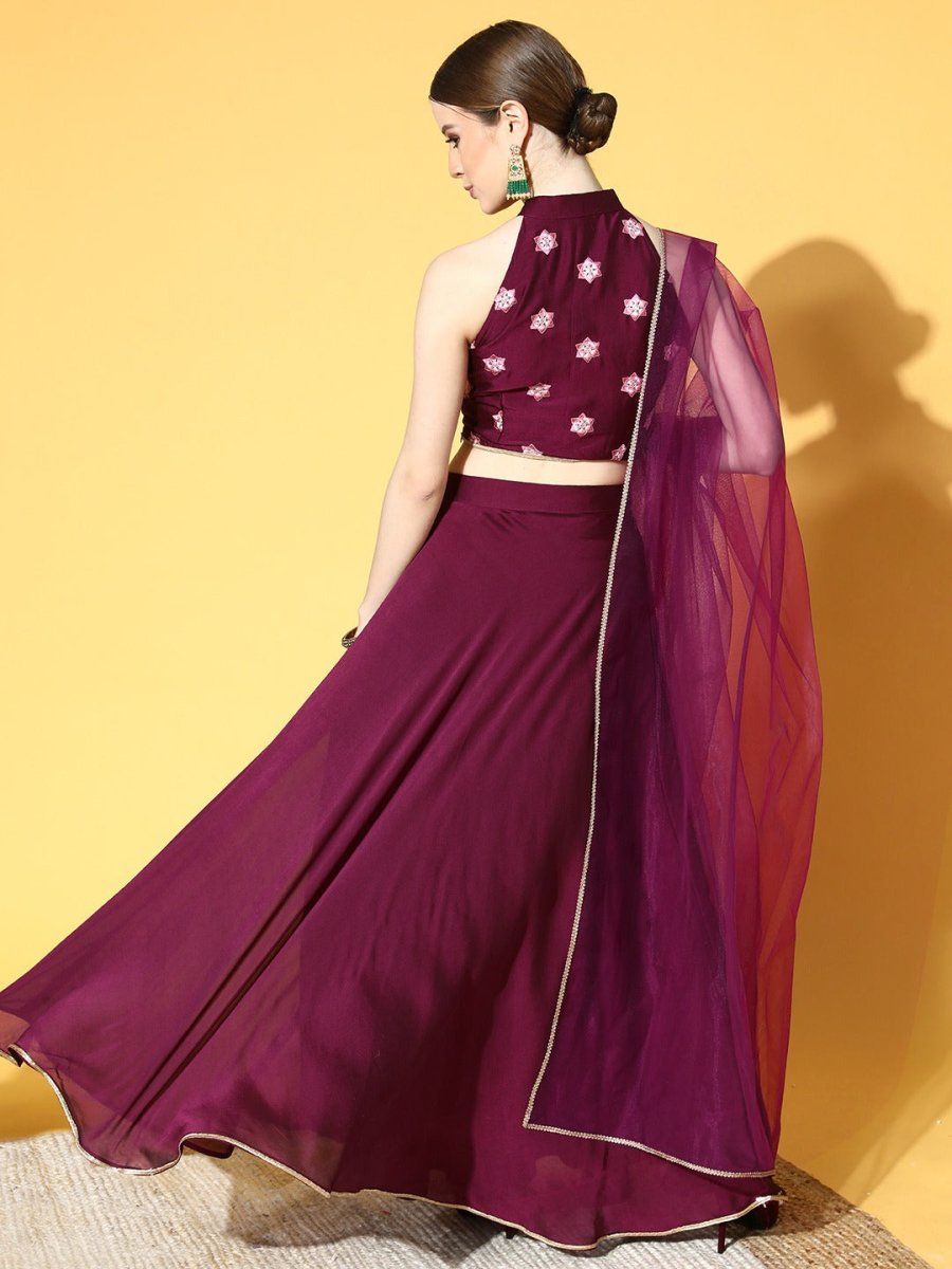 Purple Embroidered Semi-stitched Lehenga Choli With Dupatta - Inddus.com