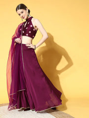 Purple Embroidered Semi-stitched Lehenga Choli With Dupatta - Inddus.com