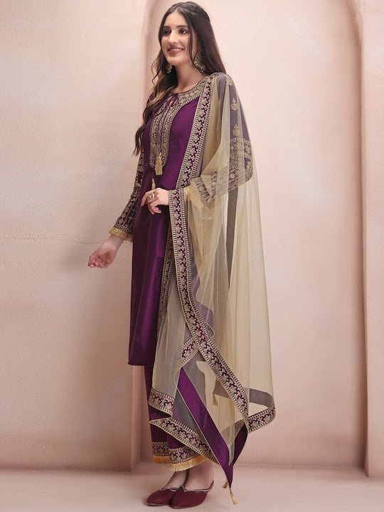 Purple Ethnic Motifs Embroidered Kurta & Trousers With Dupatta - Inddus.com