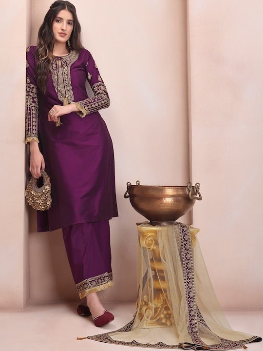 Purple Ethnic Motifs Embroidered Kurta & Trousers With Dupatta - Inddus.com