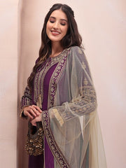 Purple Ethnic Motifs Embroidered Kurta & Trousers With Dupatta - Inddus.com