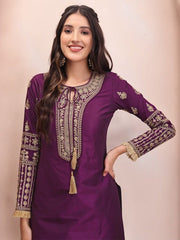 Purple Ethnic Motifs Embroidered Kurta & Trousers With Dupatta - Inddus.com