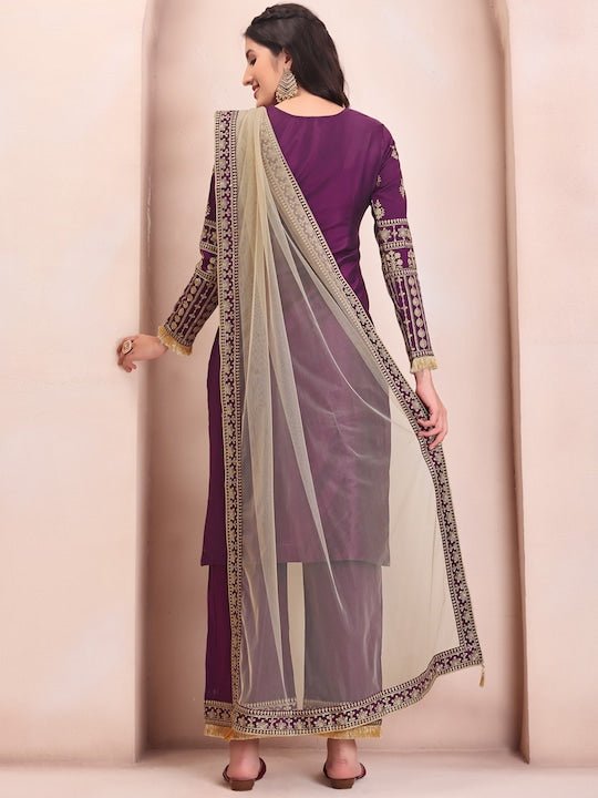 Purple Ethnic Motifs Embroidered Kurta & Trousers With Dupatta - Inddus.com