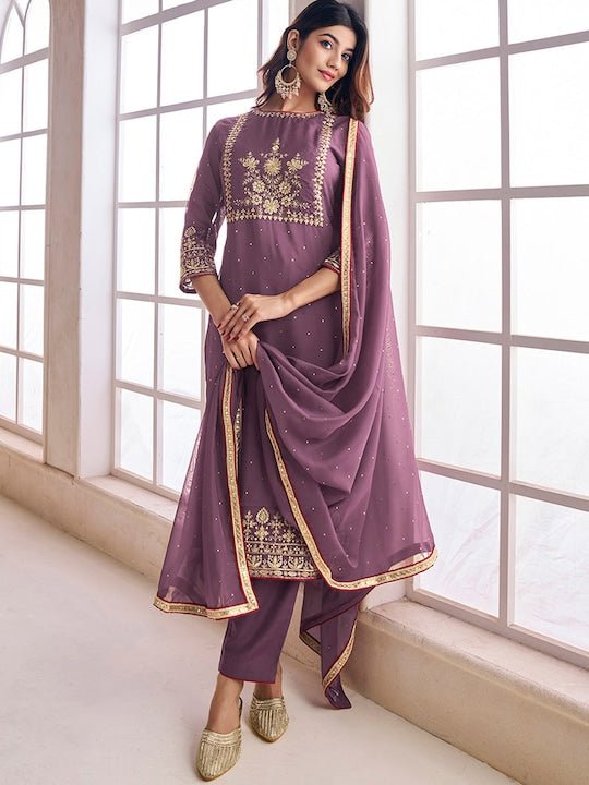 Purple Floral Embroidered Yoke & Border Zari Straight Kurta & Trousers With Dupatta - Inddus.com