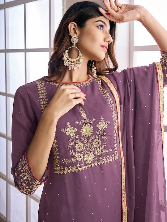 Purple Floral Embroidered Yoke & Border Zari Straight Kurta & Trousers With Dupatta - Inddus.com