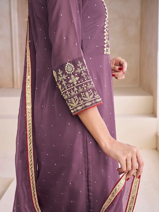 Purple Floral Embroidered Yoke & Border Zari Straight Kurta & Trousers With Dupatta - Inddus.com