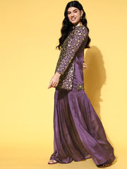 Purple Floral Embroidered Zari Kurta with Sharara - Inddus.com