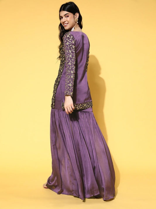 Purple Floral Embroidered Zari Kurta with Sharara - Inddus.com