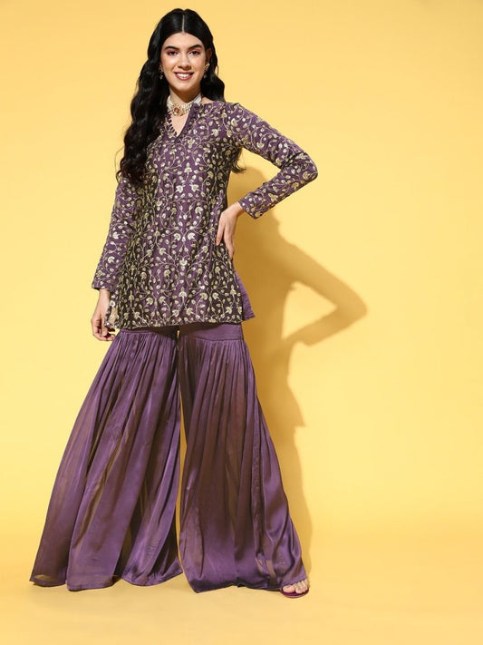 Purple Floral Embroidered Zari Kurta with Sharara - Inddus.com