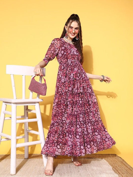 Purple Floral Print Puff Sleeves Georgette Maxi Dress - Inddus.com