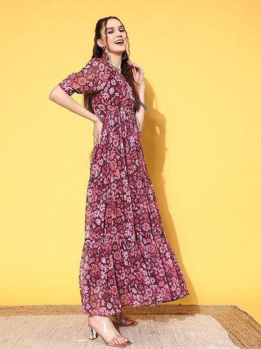 Purple Floral Print Puff Sleeves Georgette Maxi Dress - Inddus.com