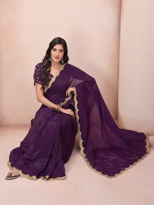 Purple & Gold-Toned Embroidered Organza Saree