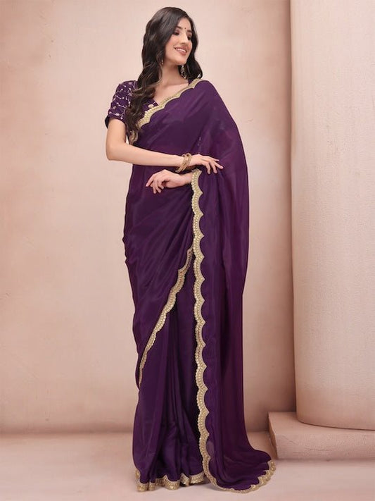 Purple & Gold-Toned Embroidered Organza Saree