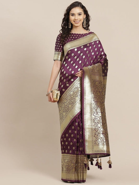 Purple Golden Zari Woven Saree - inddus-us