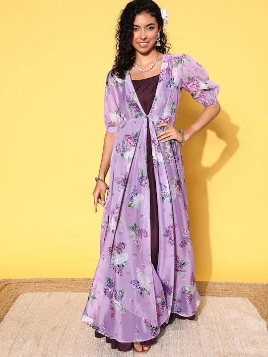 Purple & Lavender Maxi Dress With Floral Printed Jacket - Inddus.com