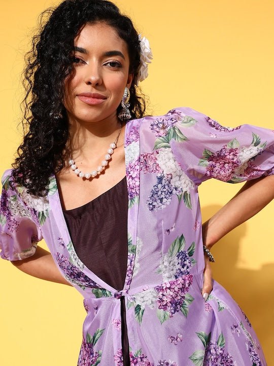 Purple & Lavender Maxi Dress With Floral Printed Jacket - Inddus.com