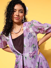 Purple & Lavender Maxi Dress With Floral Printed Jacket - Inddus.com