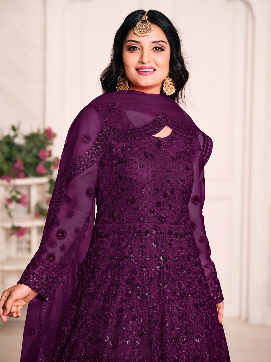 Purple Net Festive Wear Anarkali Suit - Inddus.com