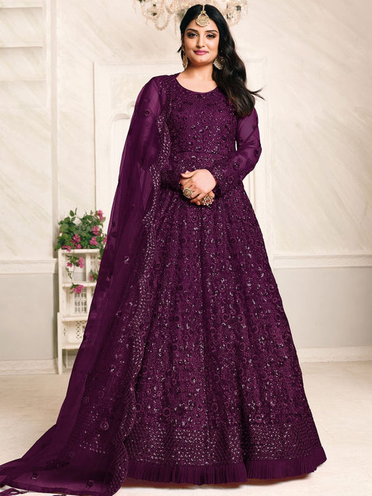 Purple Net Festive Wear Anarkali Suit - Inddus.com