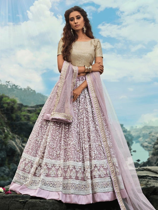 Purple Net Wedding Lehenga Choli with Dupatta - inddus-us