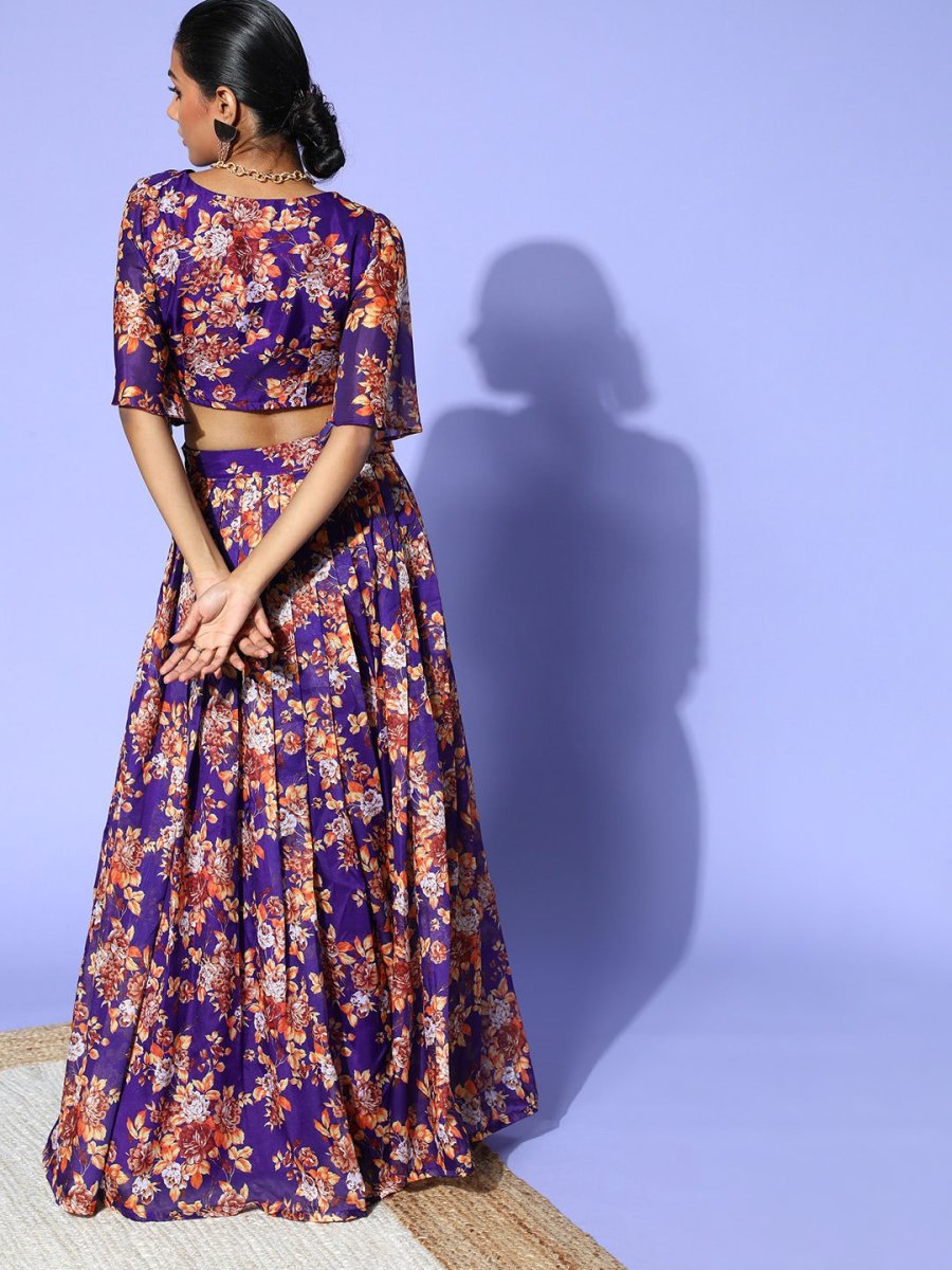 Purple Organza Floral Printed Co-Ords - Inddus.com