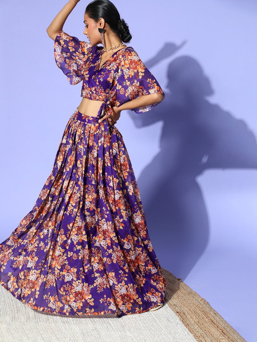 Purple Organza Floral Printed Co-Ords - Inddus.com