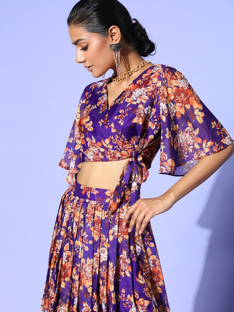 Purple Organza Floral Printed Co-Ords - Inddus.com