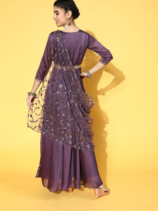 Purple Poly Silk Partywear Self Design Dresses - Inddus.com