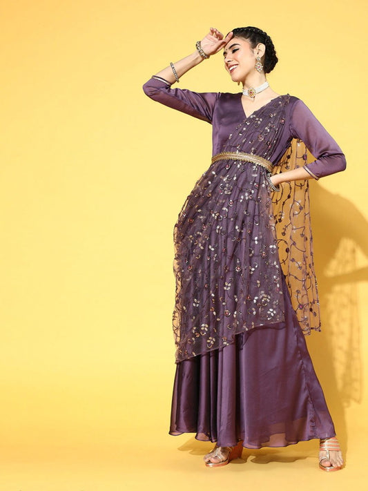 Purple Poly Silk Partywear Self Design Dresses - Inddus.com