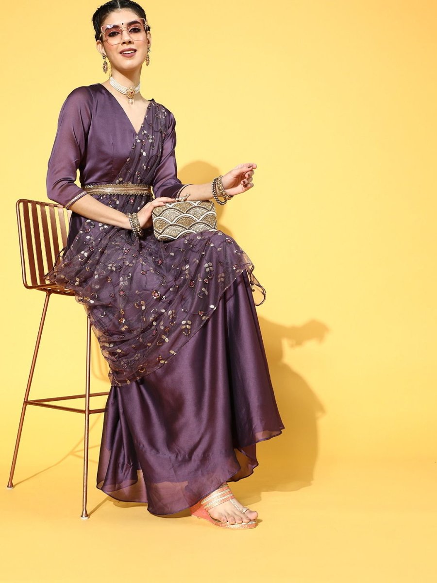 Purple Poly Silk Partywear Self Design Dresses - Inddus.com