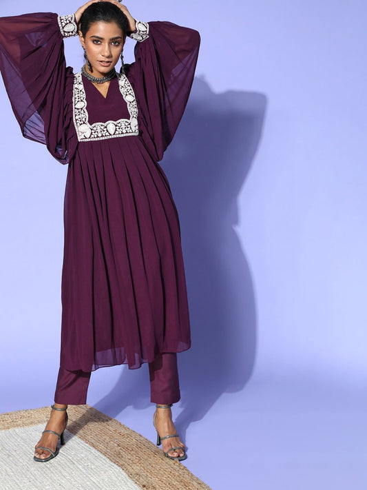 Purple Satin Batwing Sleeves Kurta Set - Inddus.com