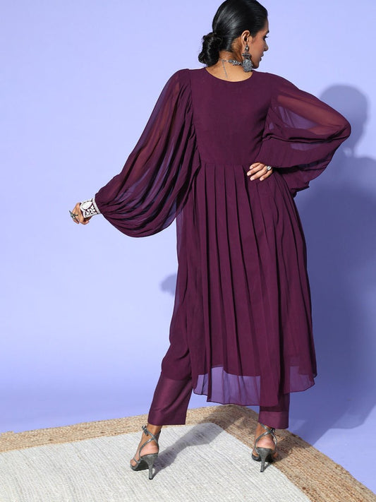 Purple Satin Batwing Sleeves Kurta Set - Inddus.com