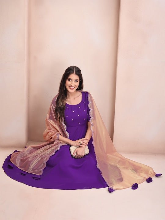 Purple Sequin Detail Chanderi Cotton Kurta & Trousers With Dupatta - Inddus.com