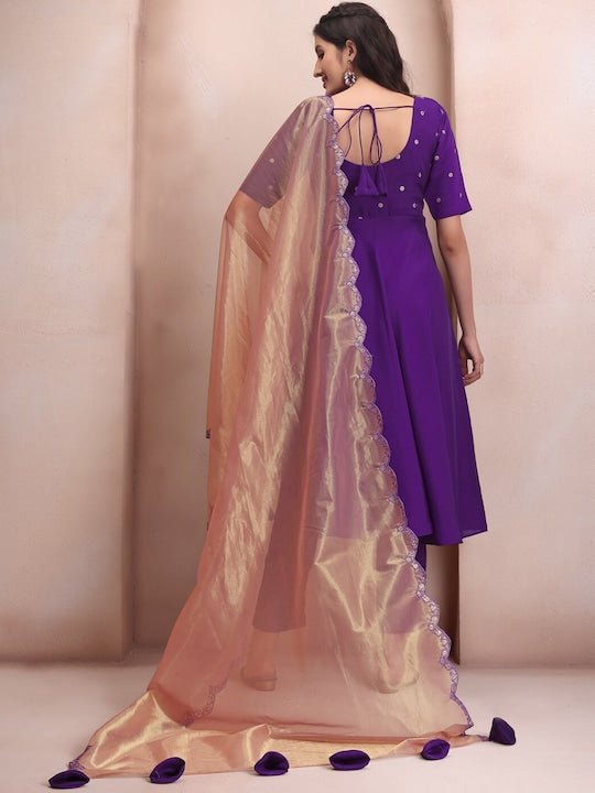 Purple Sequin Detail Chanderi Cotton Kurta & Trousers With Dupatta - Inddus.com