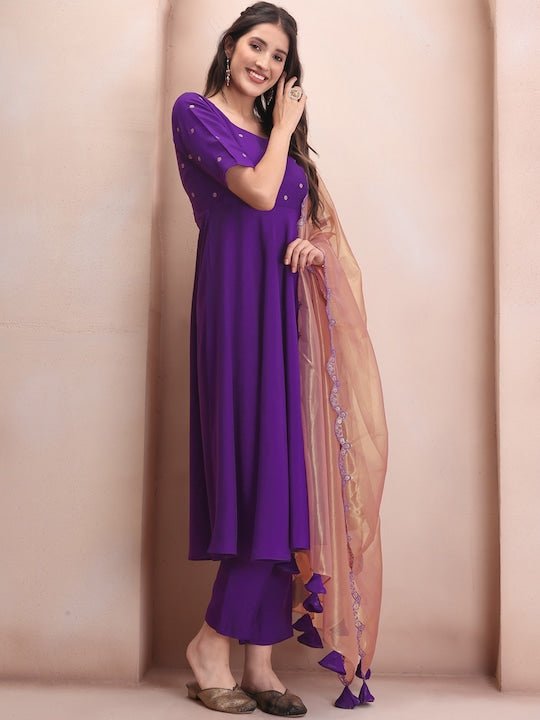 Purple Sequin Detail Chanderi Cotton Kurta & Trousers With Dupatta - Inddus.com