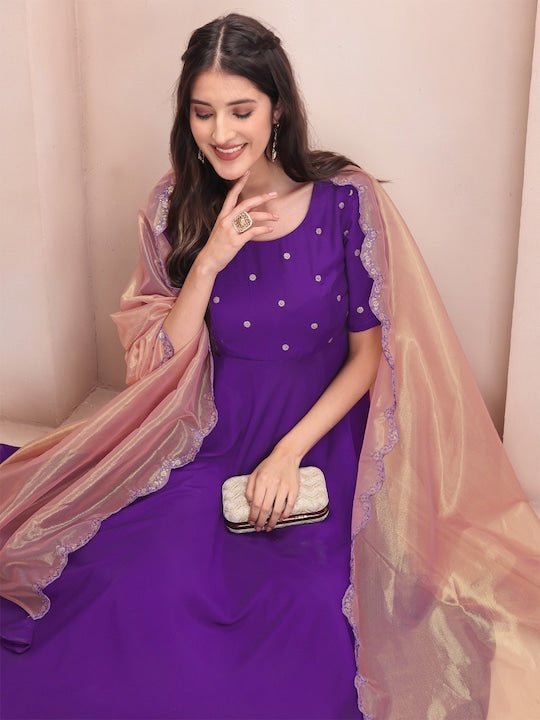 Purple Sequin Detail Chanderi Cotton Kurta & Trousers With Dupatta - Inddus.com