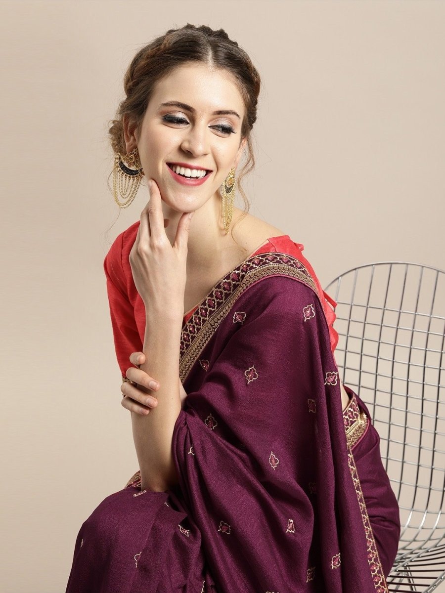 Purple Silk Blend Embroidered Party Wear Embellished Saree - inddus-us