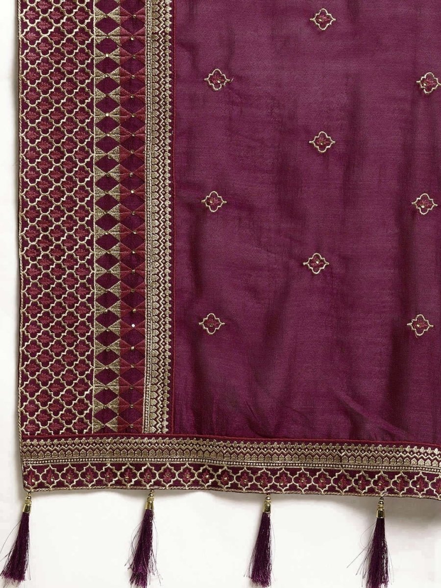 Purple Silk Blend Embroidered Party Wear Embellished Saree - inddus-us