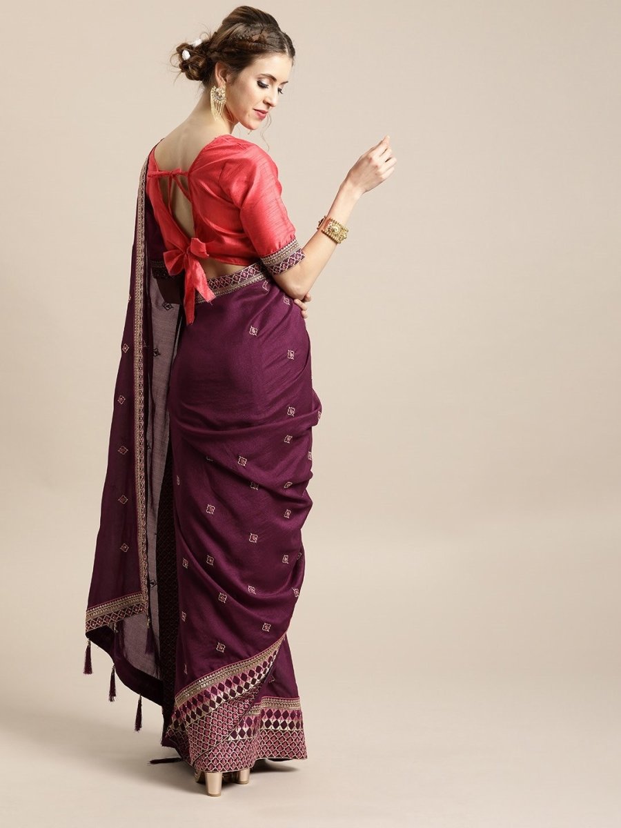 Purple Silk Blend Embroidered Party Wear Embellished Saree - inddus-us