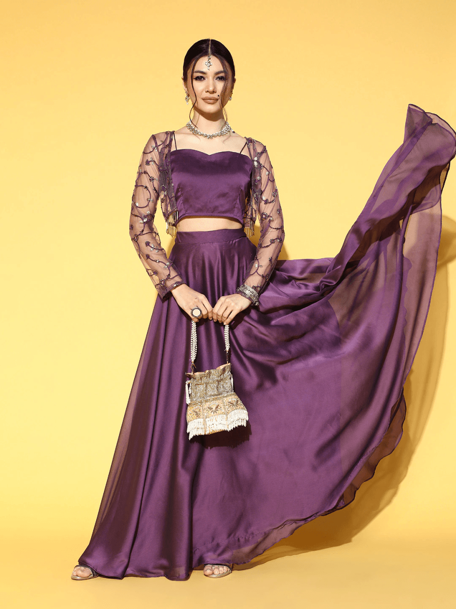 Purple Solid Skirt with Top and Embroidered Jacket - Inddus.com