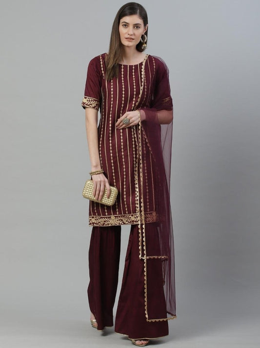 Purple Striped Cotton Blend Sharara - Inddus.com